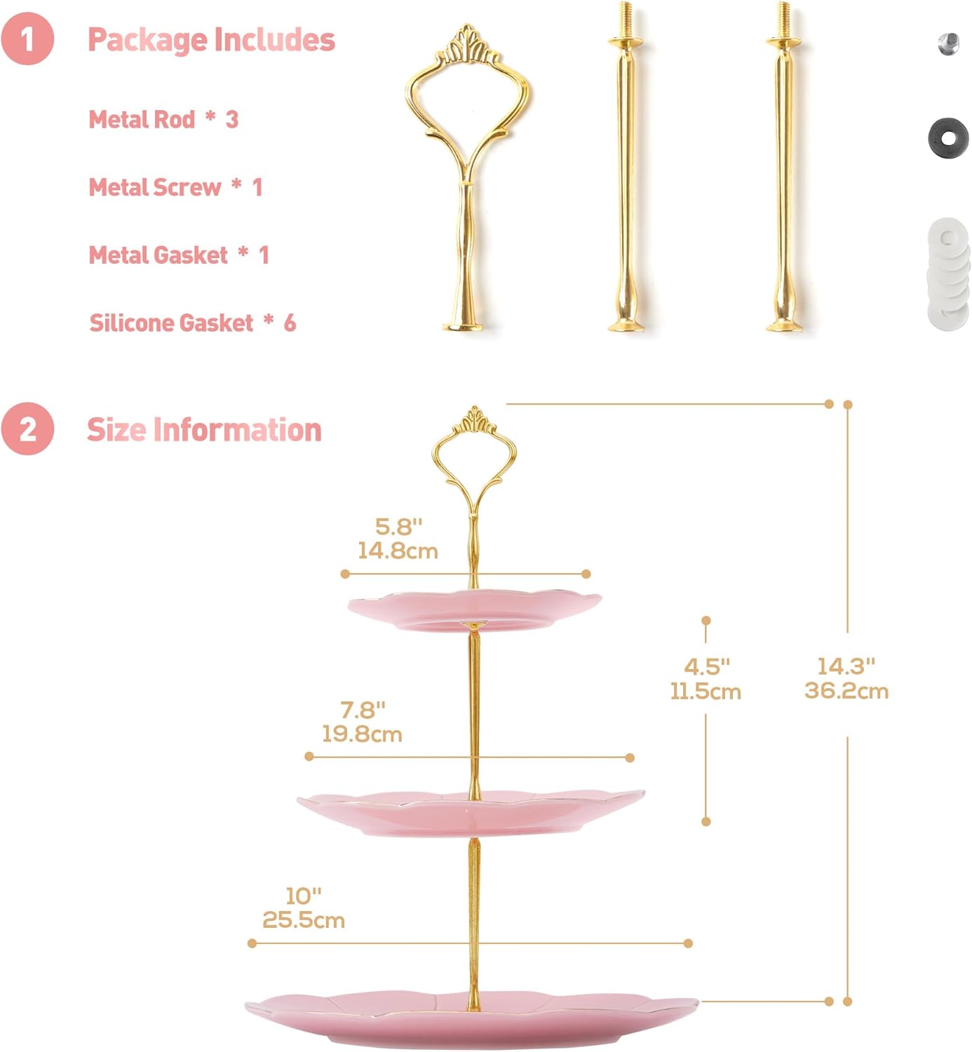 DUJUST Luxury Porcelain 3-Tier Cupcake Stand Tower, British Style Serving Tray with Golden Trim, Food Grade Dessert Display Stand, Beautiful Gift for Tea Party & Home Décor - Pink