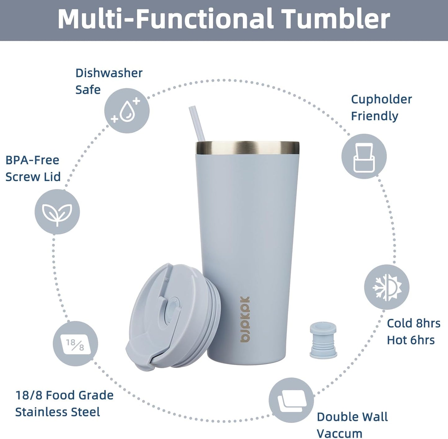 BJPKPK 22oz Stainless Steel Insulated Tumbler With lid And Straw Travel Coffee Thermal Tumblers Cup For Women And Men,Modern Blue