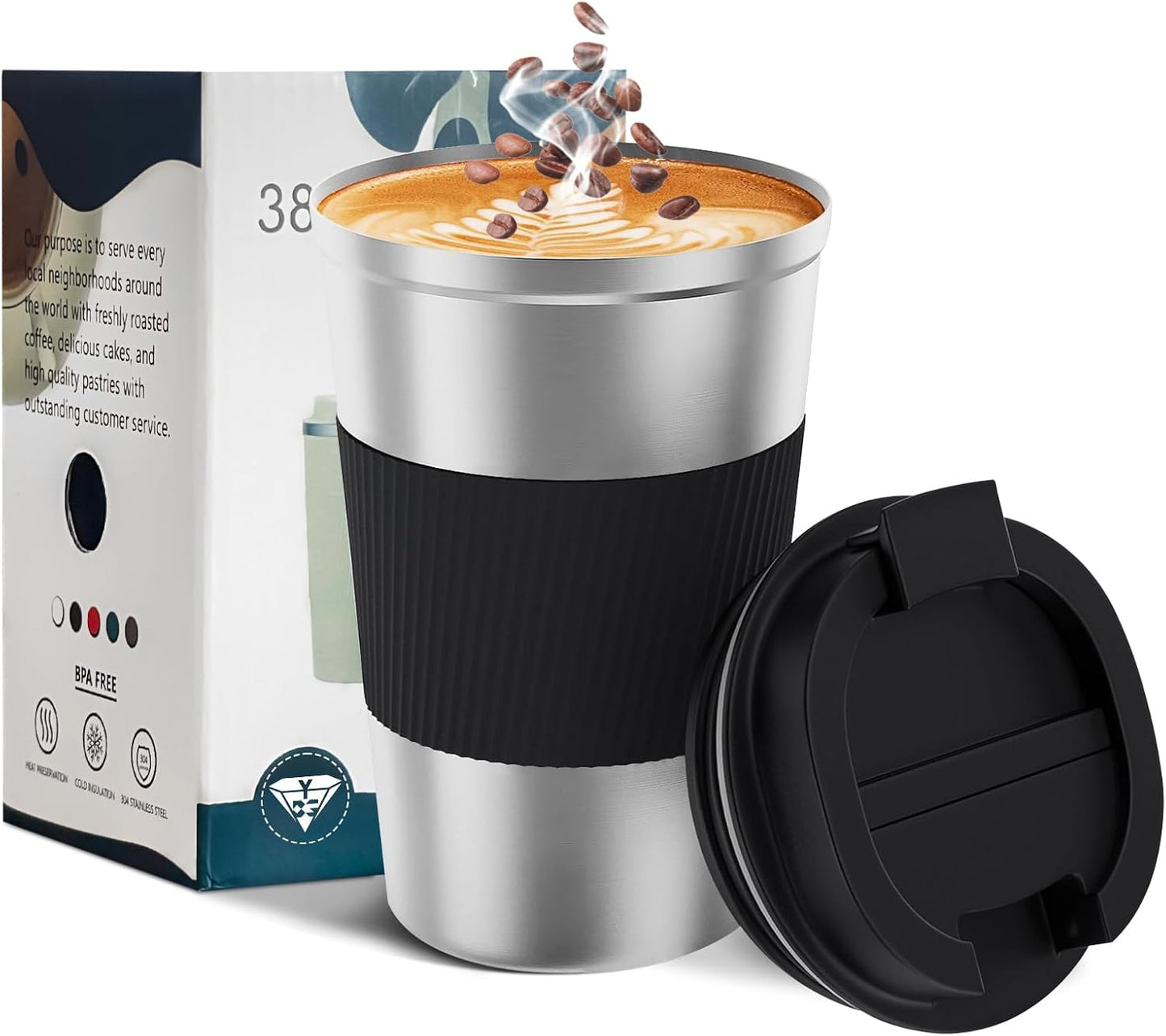 YINBAOGE Insulated Travel Coffee Mug Spill Proof Leak Proof Pobtable To Go Camping Stainless Steel Coffee Tumbler Reusable Coffee Cups with Lids Thermos for Hot and Cold Drink (Silver black, 12 OZ)