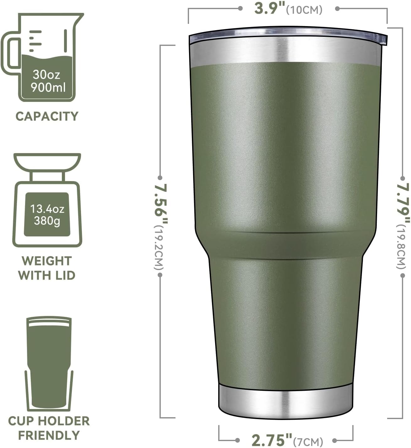 DOMICARE 30oz Tumbler Bulk with Lid and Straw, Double Wall Travel Coffee Mug, Insulated Vacuum Stainless Steel Tumblers, Powder Coated Tumbler Cup (Army Green, 8)