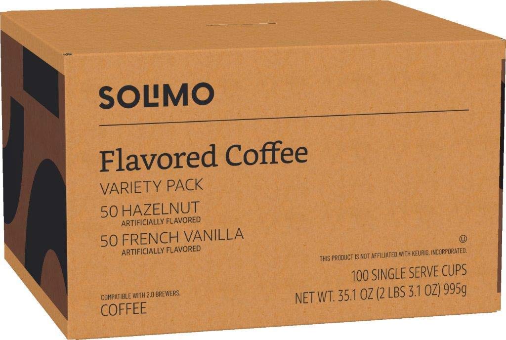 Amazon Brand - Solimo Variety Pack Light Roast Coffee Pods, Hazelnut and French Vanilla Flavored, Compatible with Keurig 2.0 K-Cup Brewers, 100 Count