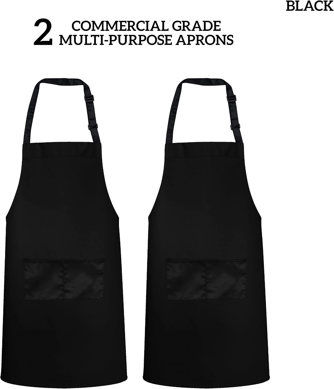 GREEN LIFESTYLE 2 Pack Chef Apron with Pockets – Grilling Aprons for Men, Waterproof Cooking Apron for BBQ, Work or Restaurant Use, Kitchen Aprons for Women with Pockets – Black