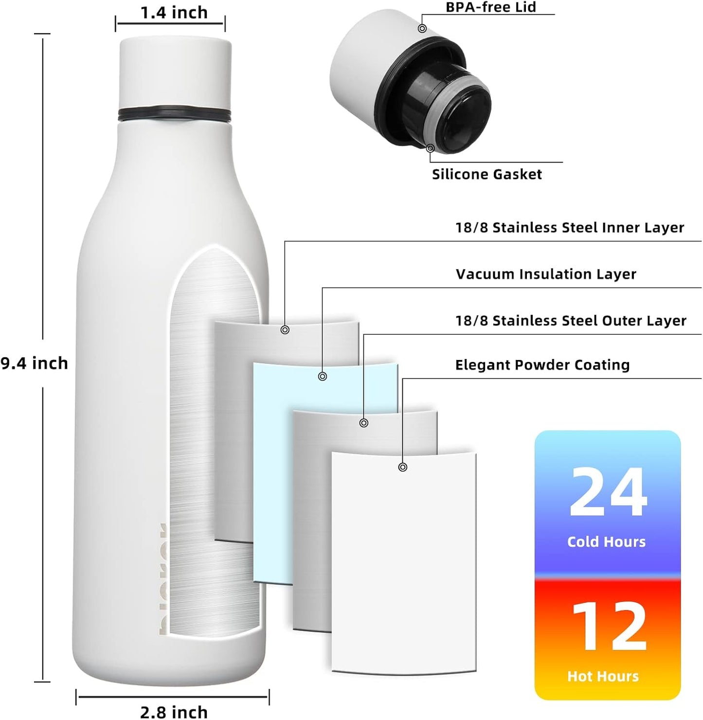 BJPKPK Insulated Water Bottles, 18 oz Stainless Steel Metal Water Bottle with Strap, BPA Free Leak Proof Thermos, Mugs, Flasks, Reusable Water Bottle for Sports & Travel, White