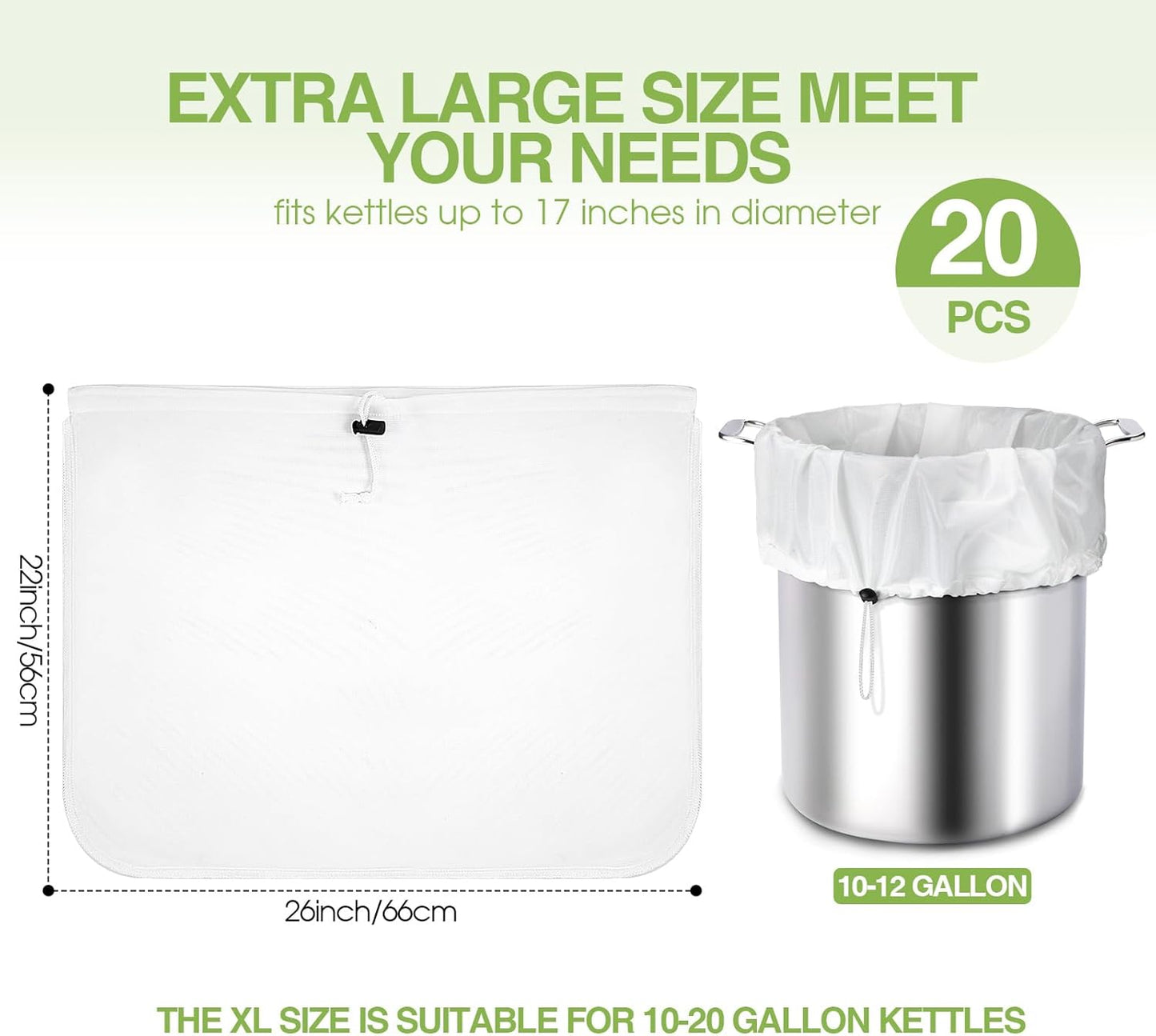 Chumia 20 Pack Brew Bags Reusable Extra Large 26 x 22'' Fine Mesh Strainer Cold Brew Filters Drawstring Cheese Cloth Straining Bags Wine Making Supplies for Fruit Cider Beer