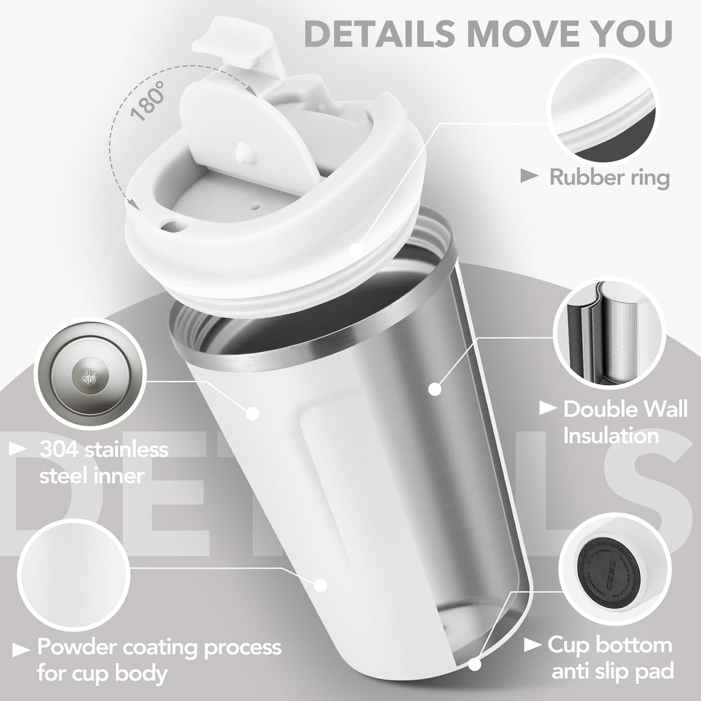 Volhoply 12 oz Double Wall Insulated Vacuum Travel Coffee Mug with Flip Lid Bulk 4 Pack,Reusable Stainless Steel Leak Proof Coffee Cups,Portable Cafe Thermal Tumbler for Hot & Cold Drinks(White,4 Set)