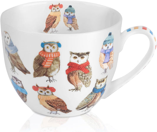 Cute Owl Coffee Mug, 20 oz Premium Bone China Mug with Charming Owls in Color Scarves and Hats—Cozy, Wise, and Perfect for Bird Enthusiasts, Designed in England by Harvest Green Studio