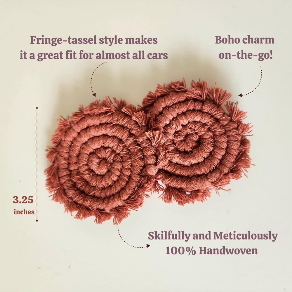 Cotton Car Coasters for Cup Holders, 2PC Car Cup Coasters, Drink Coaster Holder, Cute cupholder Coaster Accessories for Women, Macrame, Boho (Cafe Latte)