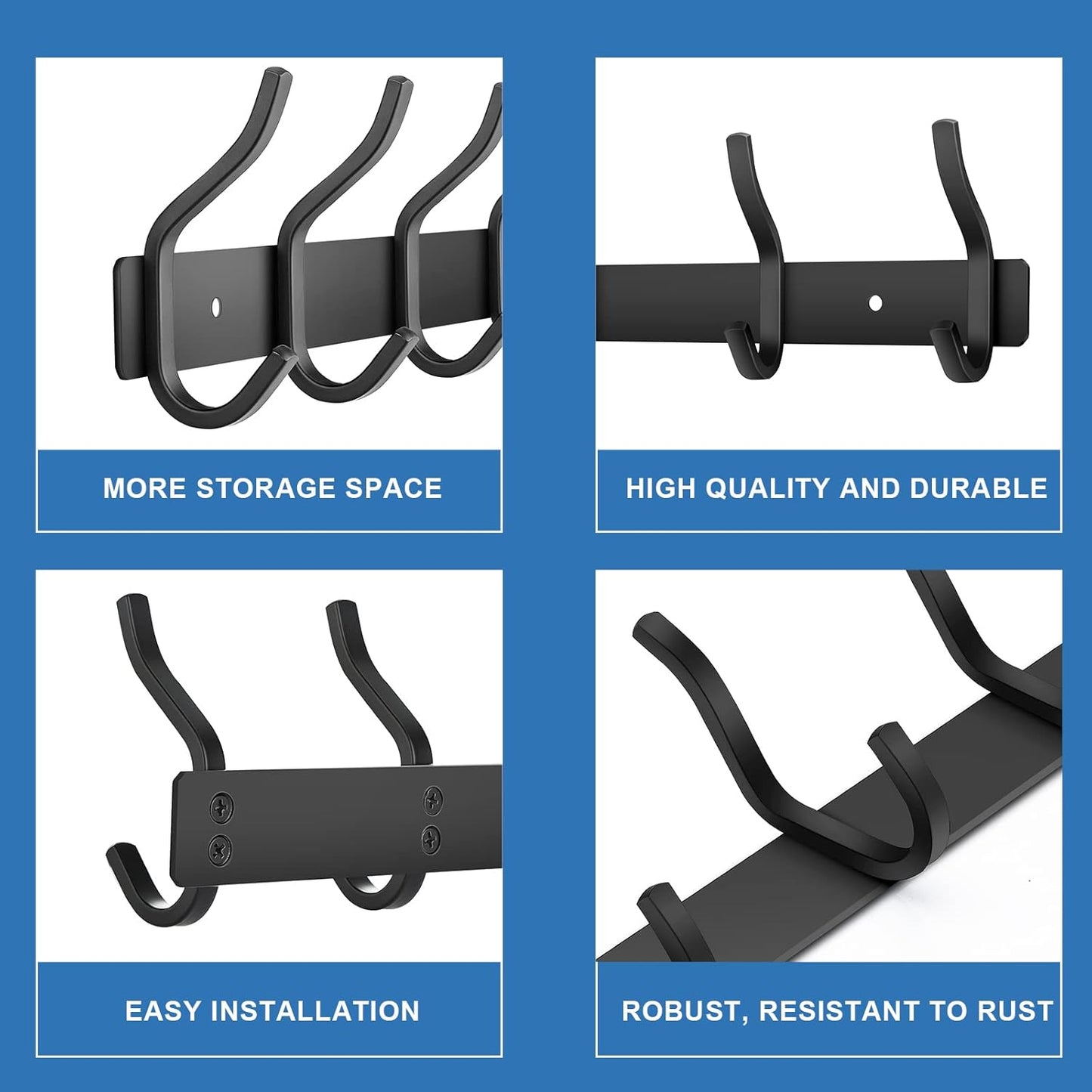 Wall Hooks Heavy Duty, 23 Inch Coat Rack Wall Mount with 8 Hooks, Black Wall Hooks for Entryway, Bathroom - for Hanging Backpack, Bag, Coat, Purse, Hat, Towel, Clothes,2 Packs