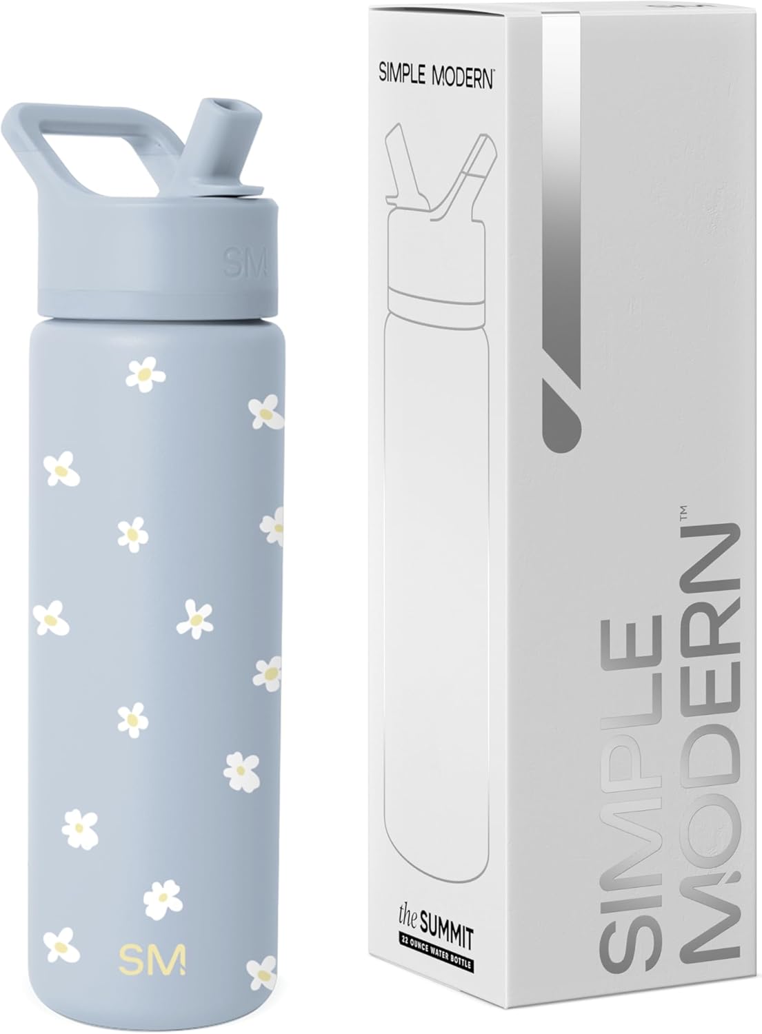 Simple Modern Water Bottle with Straw Lid | Vacuum Insulated Stainless Steel Metal | Reusable Leak Proof BPA-Free Cup for School | Summit Collection | 22oz, Sweet Daisy on Blue