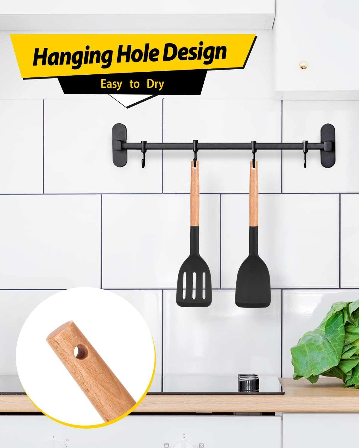 Pack of 2 Silicone Cooking Spatula, Heat Resistant Solid Turner, Non Stick Slotted Spatulas with Wooden Short Handle,Ideal Wood Kitchen Utensils Set for Frying, Baking, Flipping, Turning