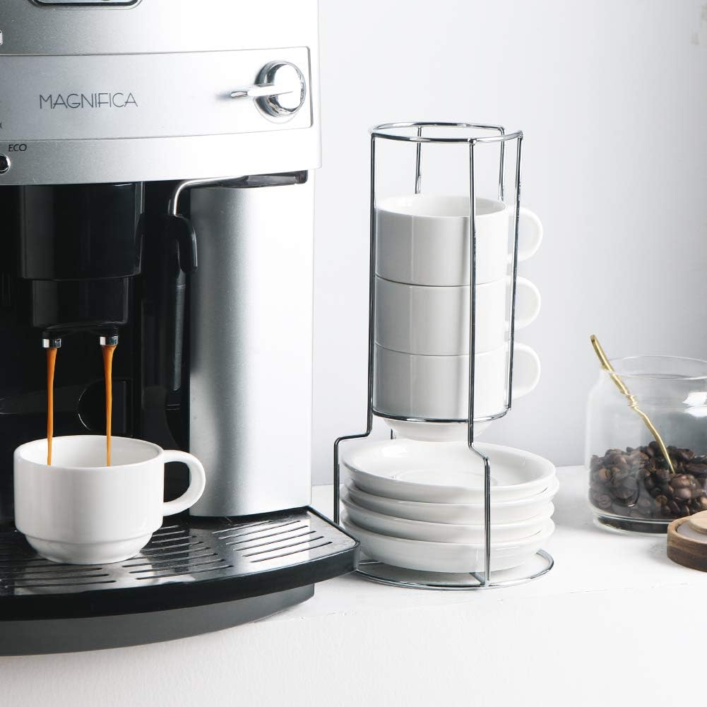 Sweejar Porcelain Espresso Cups with Saucers, 4 Ounce Stackable Cappuccino Cups with Metal Stand for Coffee Drinks, Latte, Tea - Set of 4 (White)