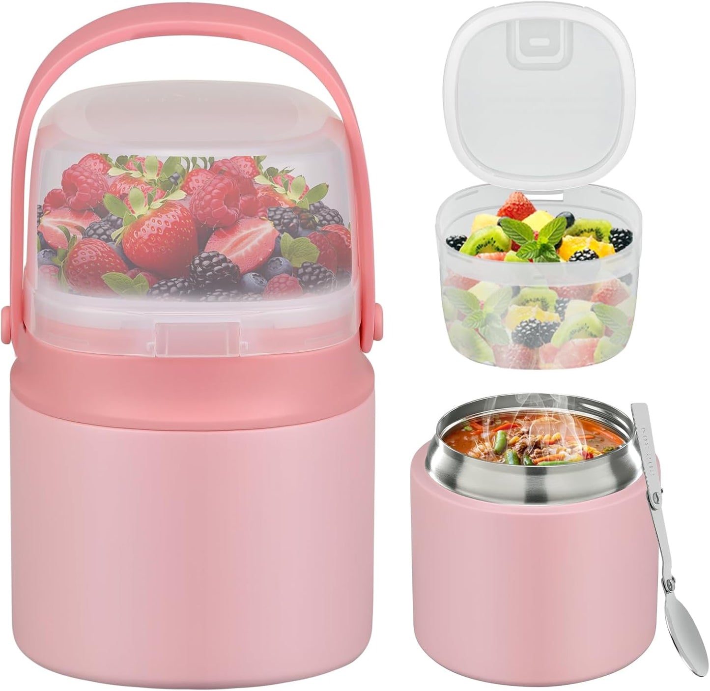 2 - in - 1 Soup Thermo for Hot Food 14oz with Snack Box Container Leak Proof Insulated Lunch Container Kids and Adults Stainless Steel Double Wall Vacuum Wide-mouth Thermal with Spoon and Handle