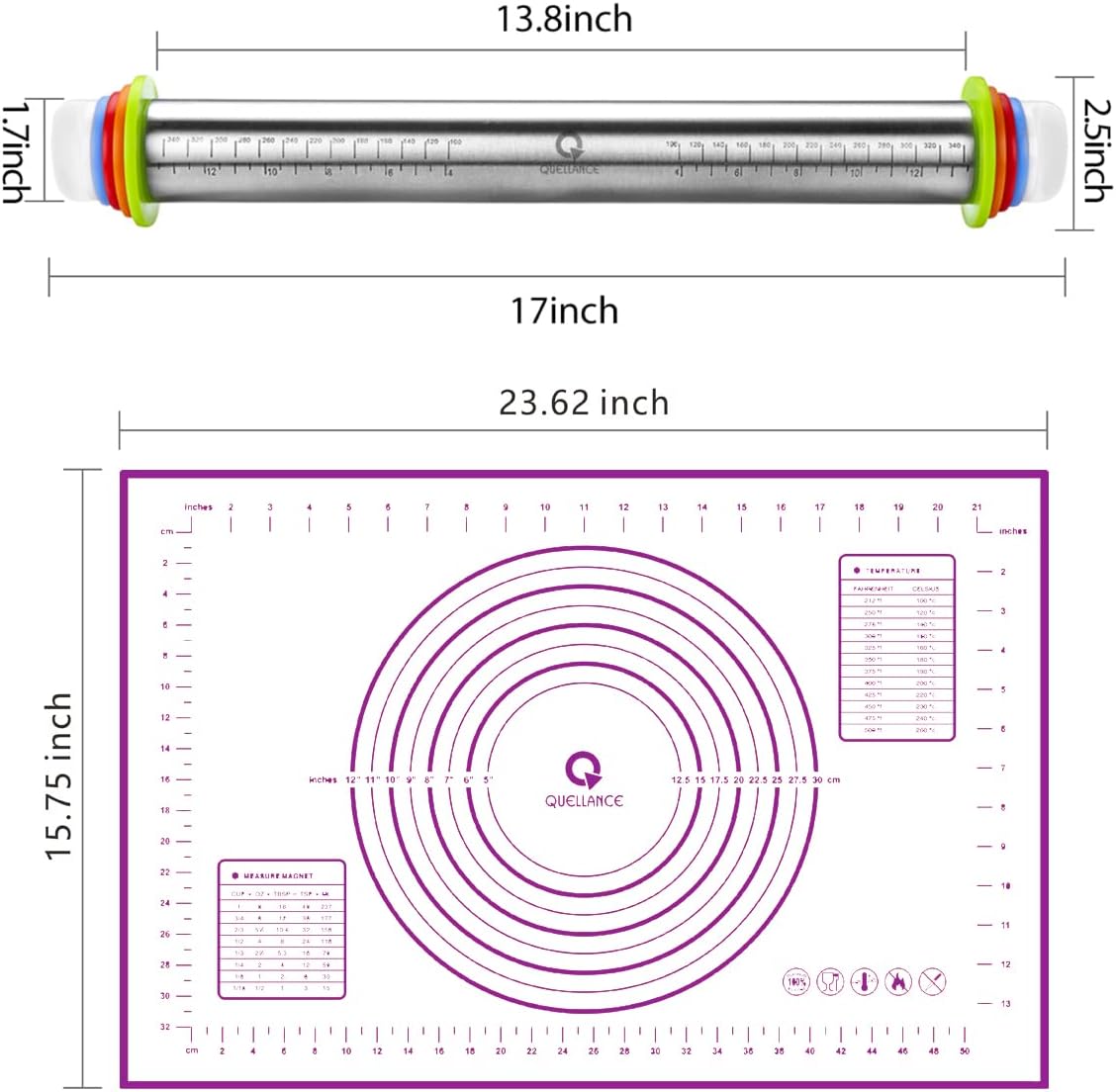 Rolling Pin and Pastry Baking Mat Set, Rolling Pins with Adjustable Thickness Rings, Stainless Steel Dough Roller for Baking Fondant, Pizza, Pie, Pastry, Pasta, Cookies (Purple)