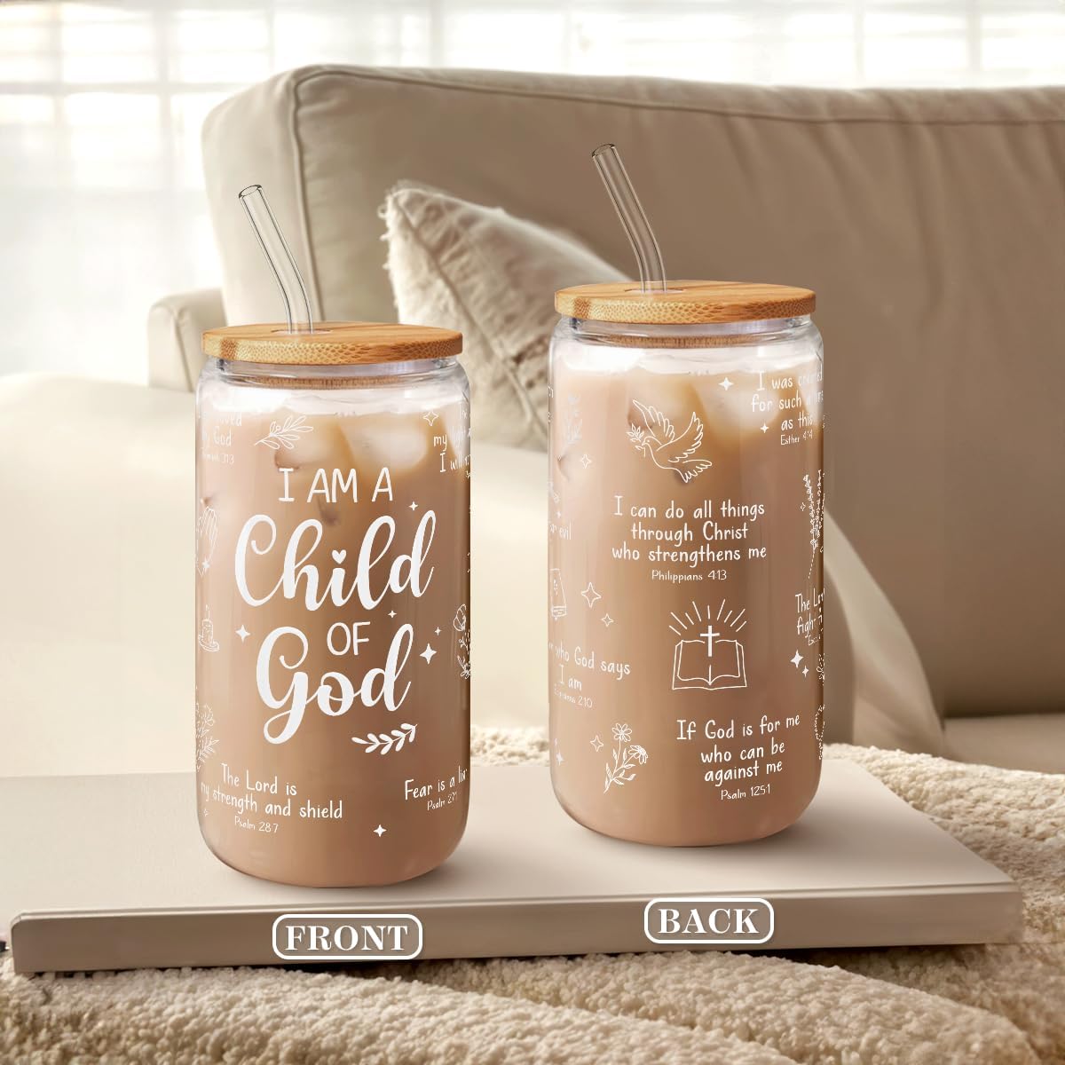SANDJEST Christian Glass Can, I am Child of God Cup with Lid & Straw, Iced Coffee Aesthetic Cups, Idea Gift for Christmas Birthday, Gifts for Women, 16oz