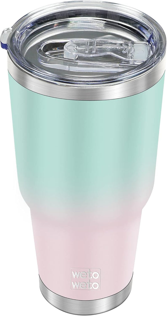 WETOWETO 30oz Tumbler, Stainless Steel Vacuum Insulated Water Coffee Tumbler Cup, Double Wall Powder Coated Spill-Proof Travel Mug Thermal Cup for Home Outdoor (Green-Pink Gradient, 1 Pack)