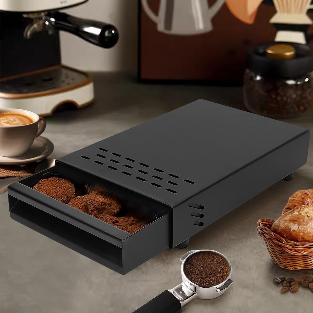 Coffee Knock Box Drawer, Espresso Knock Box Drawer Stainless Steel Coffee Knock Box for Espresso Coffee Grounds Coffee Puck Box with Removable Rubber Strike Wood Pole and Non Slip Base