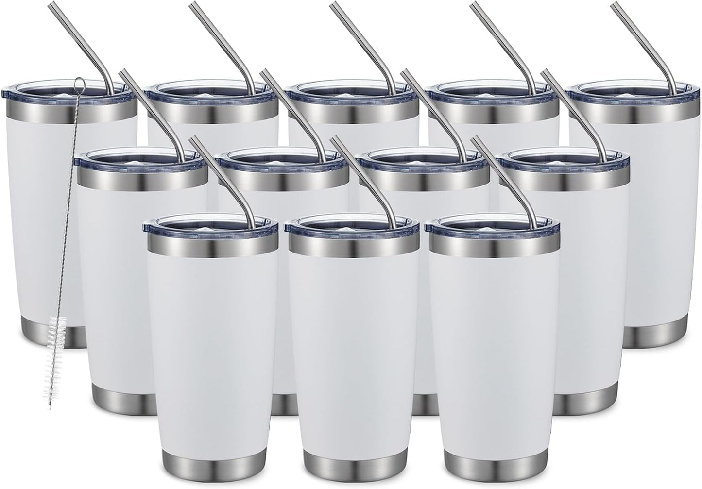 COMOOO 20oz White Tumbler Double Wall Vacuum Insulated Travel Mug Stainless Steel Coffee Mug with Lid and Straw Durable Powder Coated Insulated Coffee Cup for Cold & Hot Drinks (White,12 pack