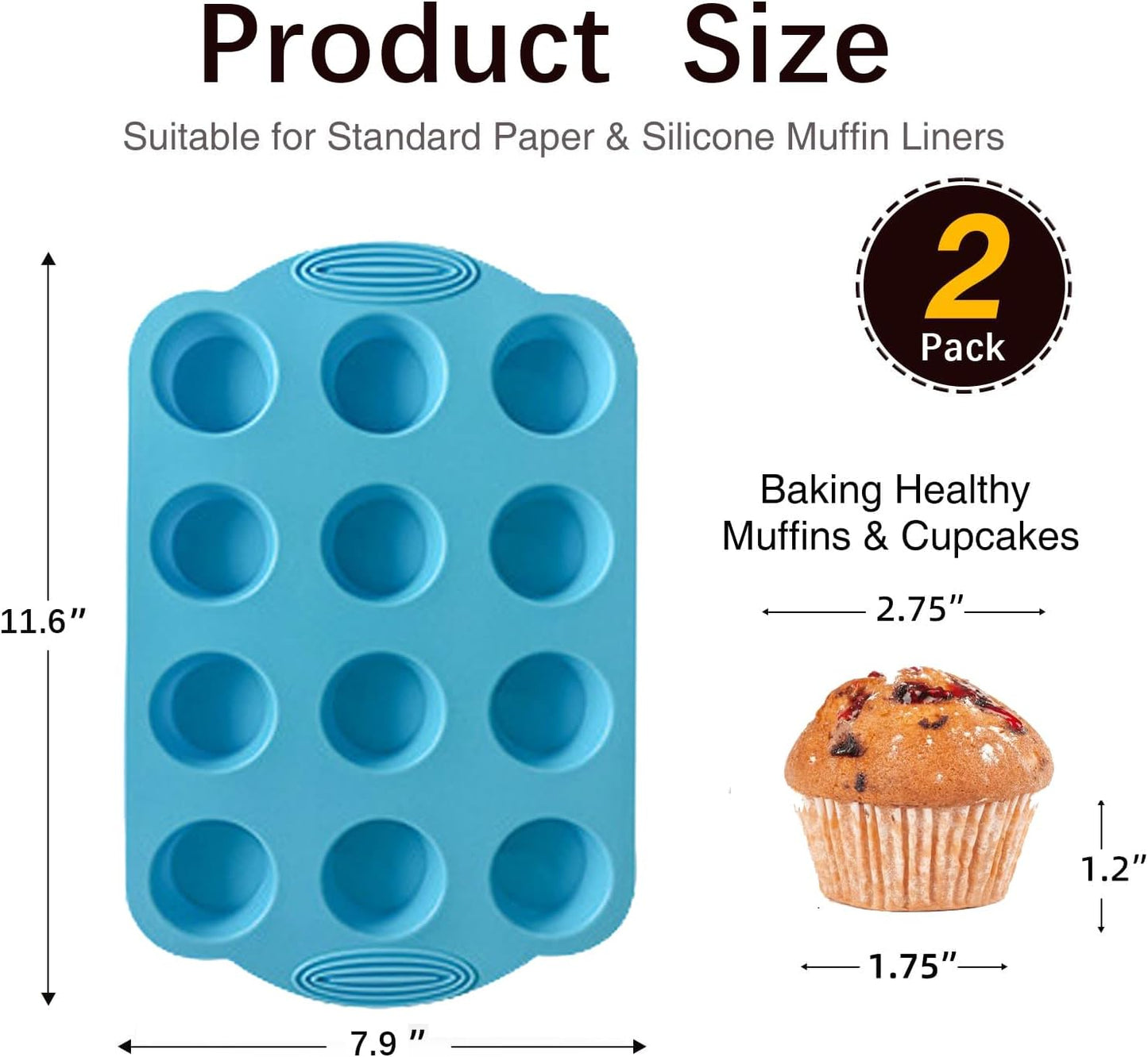 2 Pack Silicone Muffin Pan - 12 Regular Size Cups Muffin Pan, Non-Stick Cupcake Pan Great for Homemade Muffins,Cupcakes, Muffin Cakes, Oven and Dishwasher Safe BPA Free（Blue）