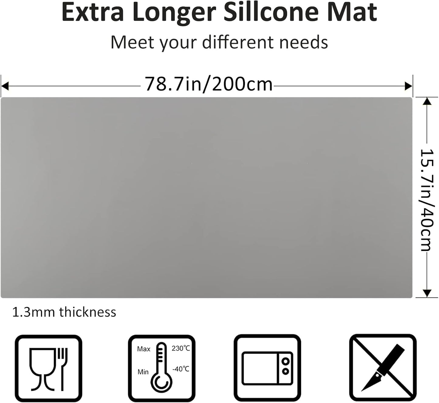 Large Silicone Heat Resistant Mat 78.7” x 15.7”, Nonslip Silicone Mats for Kitchen Counter, Countertop Protector, Nonstick Waterproof Craft Mat Table Placemat, Gray