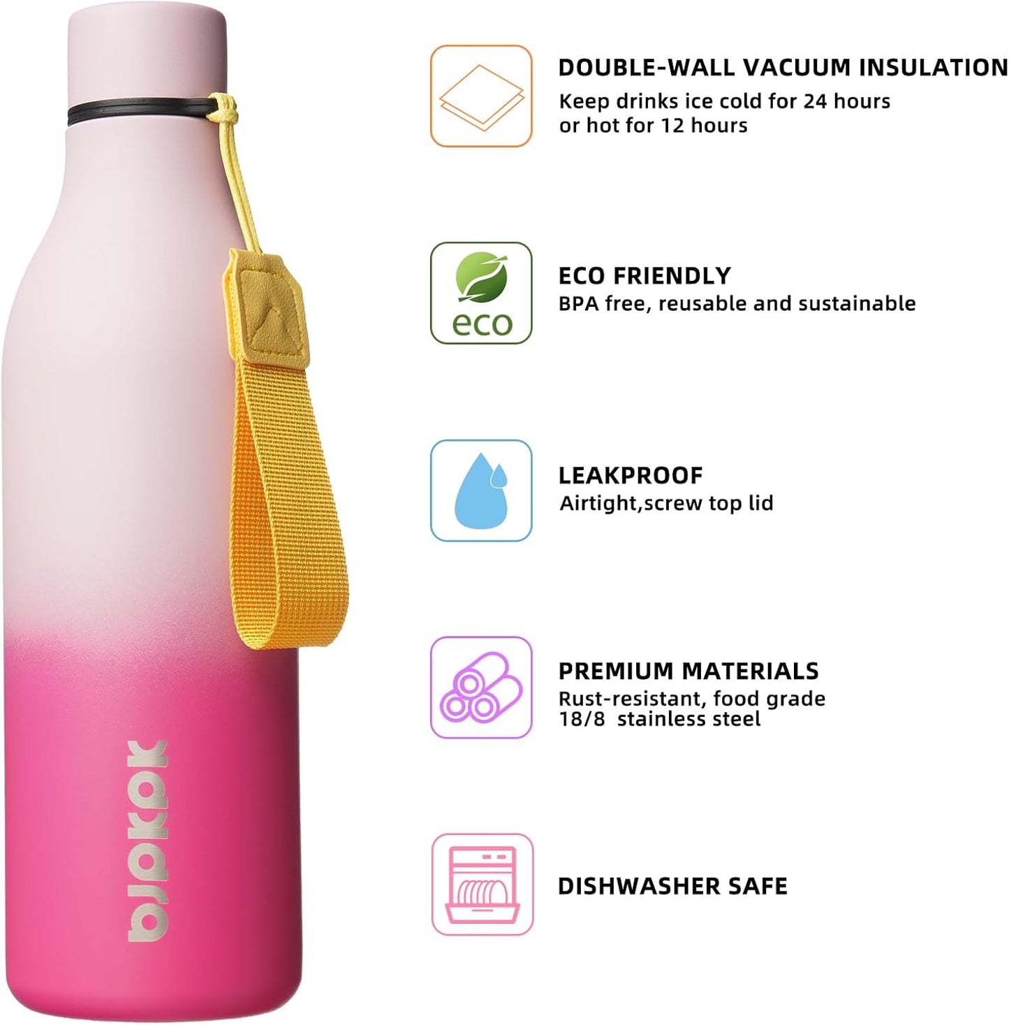 BJPKPK Insulated Water Bottles, 25 oz Stainless Steel Metal Water Bottle with Strap, BPA Free Leak Proof Thermos, Mugs, Flasks, Reusable Water Bottle for Sports & Travel, Cherry