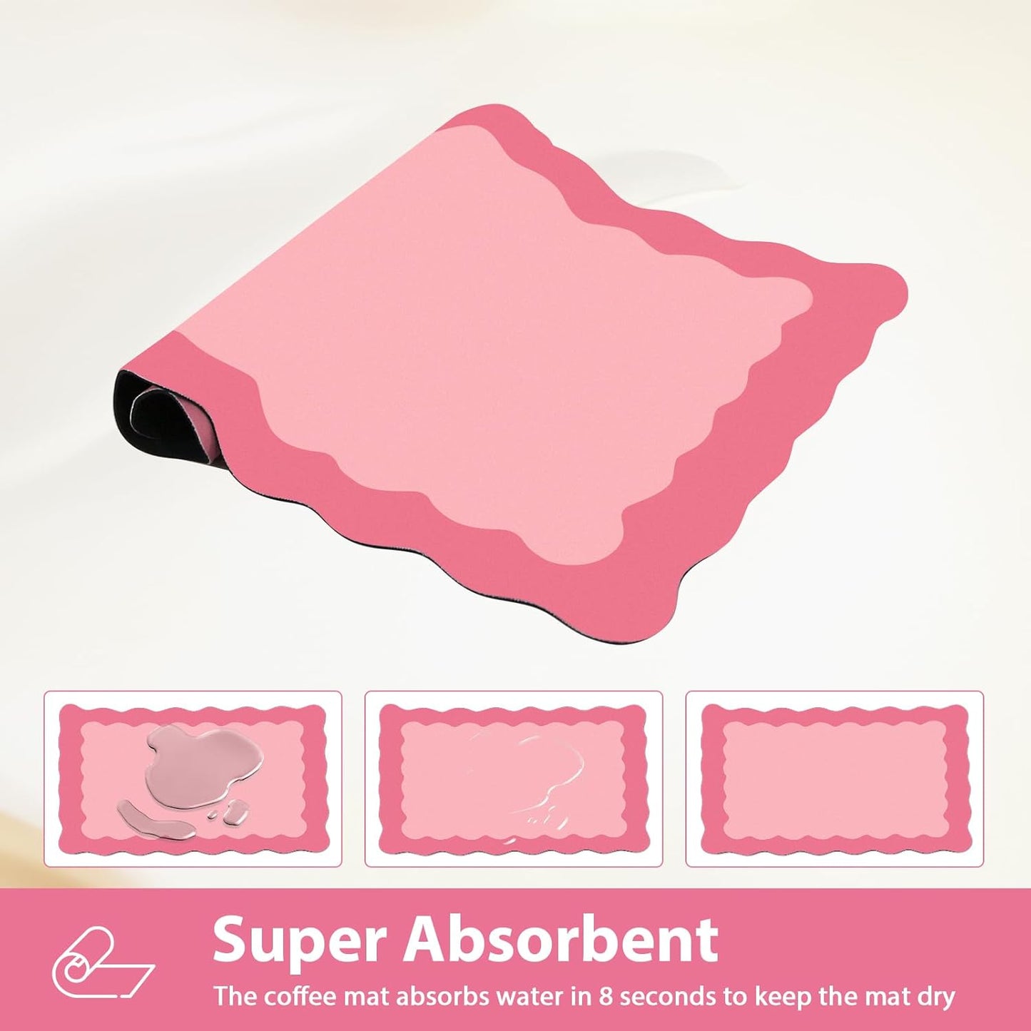 Scalloped Coffee Bar Mat for Countertop, Cute Dish Drying Mats for Kitchen Counter, Diatomite Absorbent Mat for Coffee Station, Kitchen Aesthetic Decor(12"x19", Rose Pink)