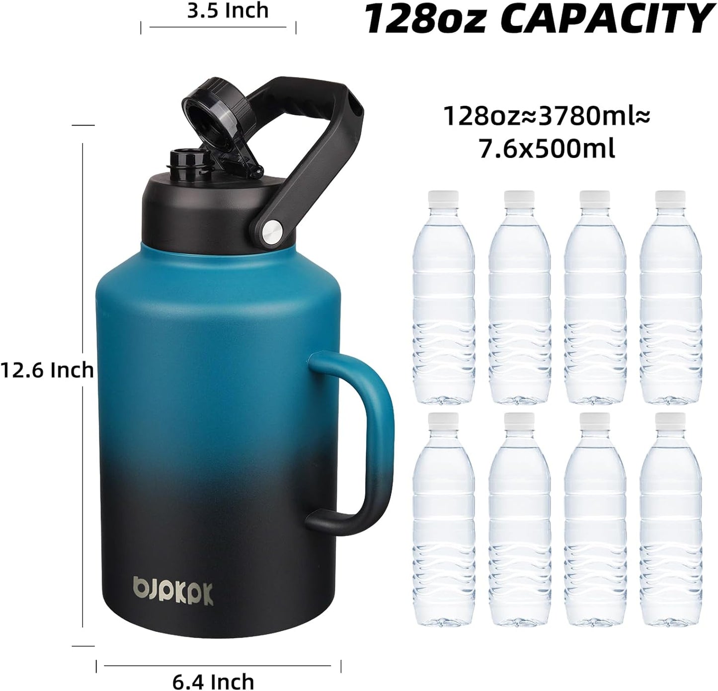 BJPKPK 1 Gallon Water Bottle with Handle, Large Dishwasher Safe 128oz Insulated Water Bottle, BPA Free Water Jug, Wide Mouth Metal Water Bottle with Anti-slip Bottom, Keep Cold & Hot,Blue & Black