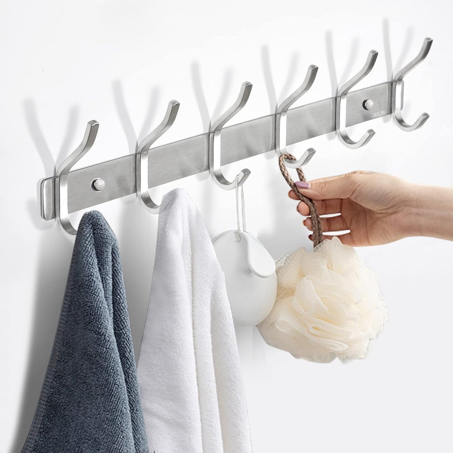 Wall Hooks Heavy Duty, 17 Inch Coat Rack Wall Mount with 6 Hooks, Silver Wall Hooks for Hanging Backpack, Bag, Purse, Clothes, Hat, Coat, Towel | Entryway & Bathroom Storage Organization Hanger