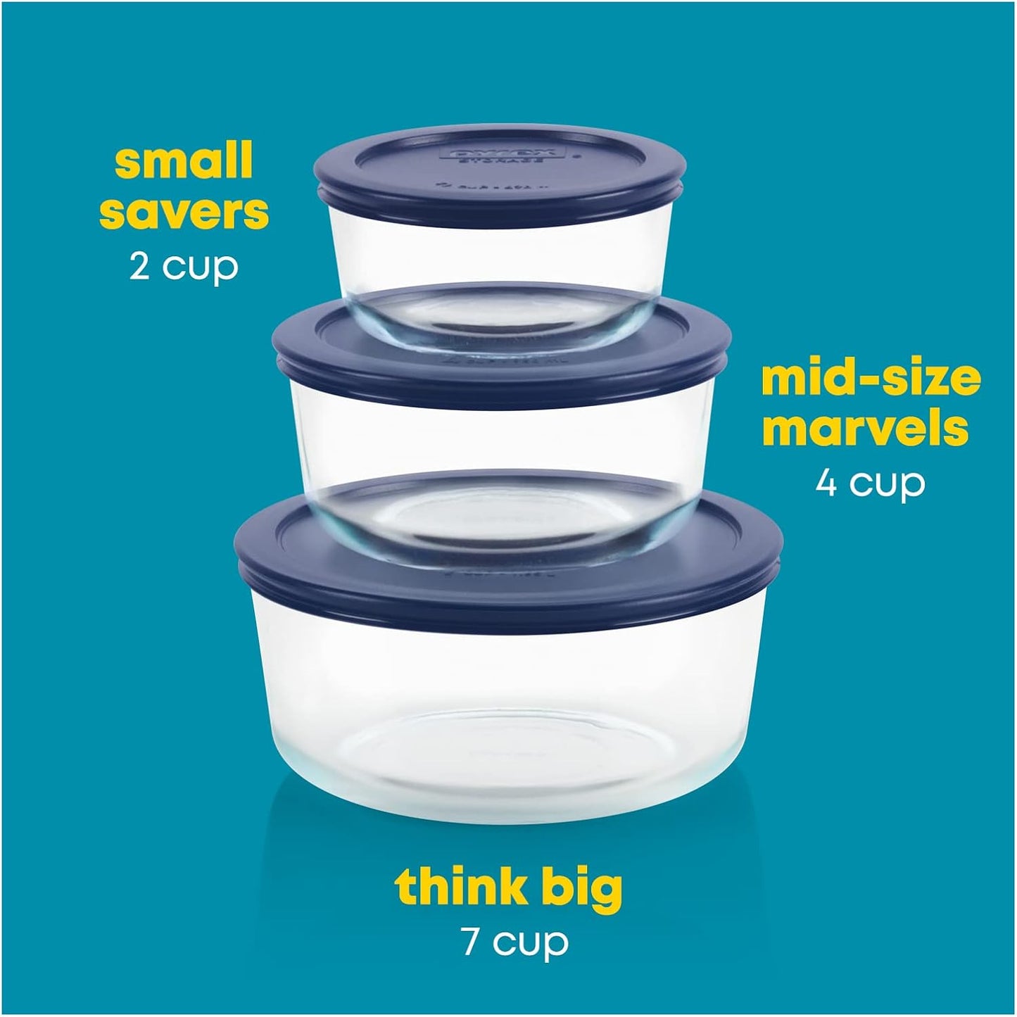 Pyrex Simply Store (3-Pack) Glass Food Storage Containers Set, (2, 4 & 7 Cup) Meal Prep Containers With BPA-Free Lids, Dishwasher & Microwave Safe