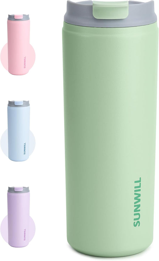 SUNWILL Travel Coffee Mug with Lid, Stainless Steel Coffee Tumbler Cups 16 oz Leakproof, Powder Coated Matcha