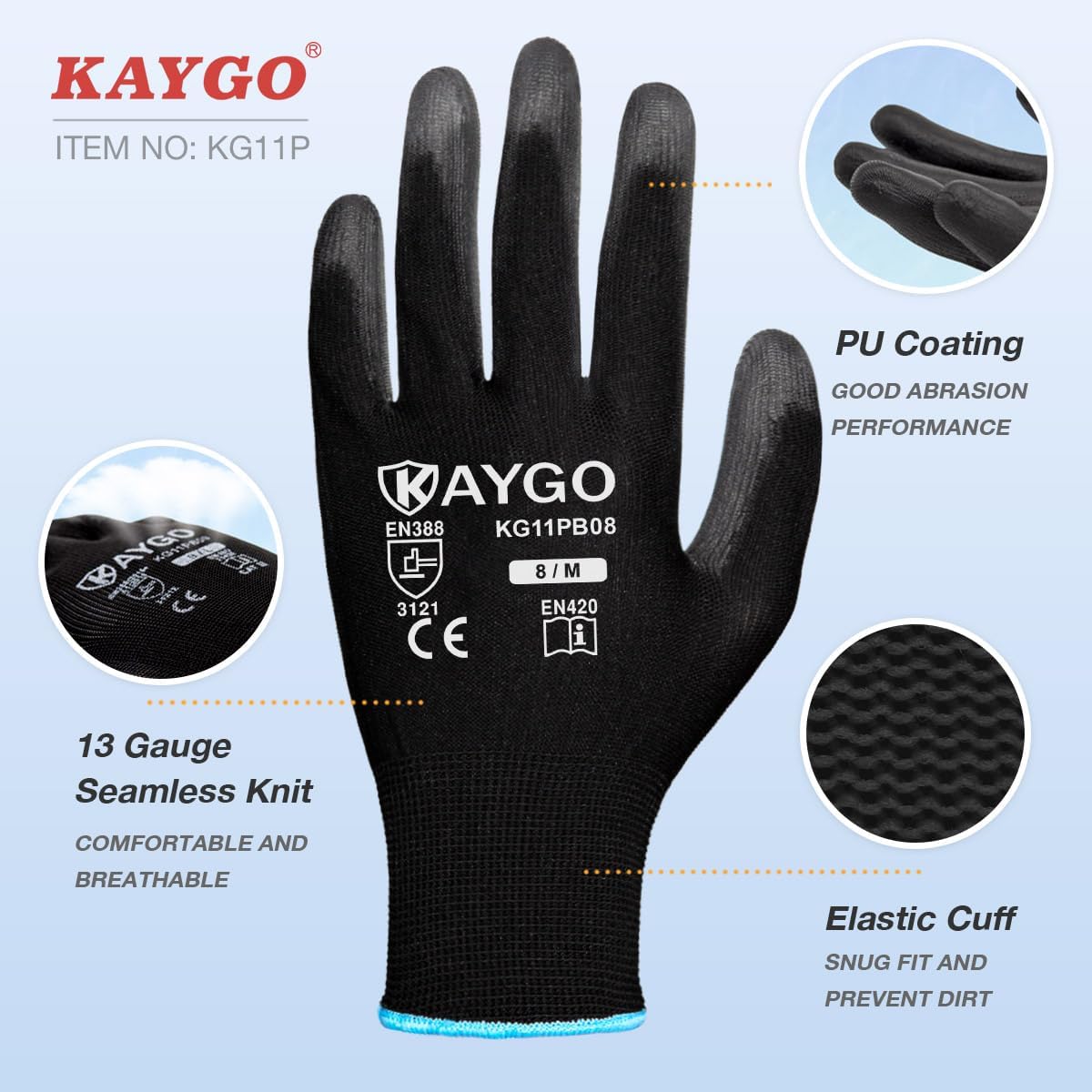 KAYGO Safety Work Gloves PU Coated,12 Pairs KG11PB Seamless Knit Glove for Men and Women, with Smooth Grip on Palm and Fingers, Ideal for General Duty Work (Small, Black)