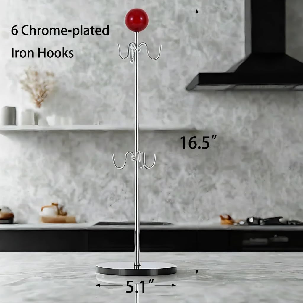 Mug Holder,6 Hooks Coffee Mug Tree for Counter,No Assembly Metal Cup Holder with Stable Acrylic Base,Mug Rack for Coffee Bar Accessories,Red