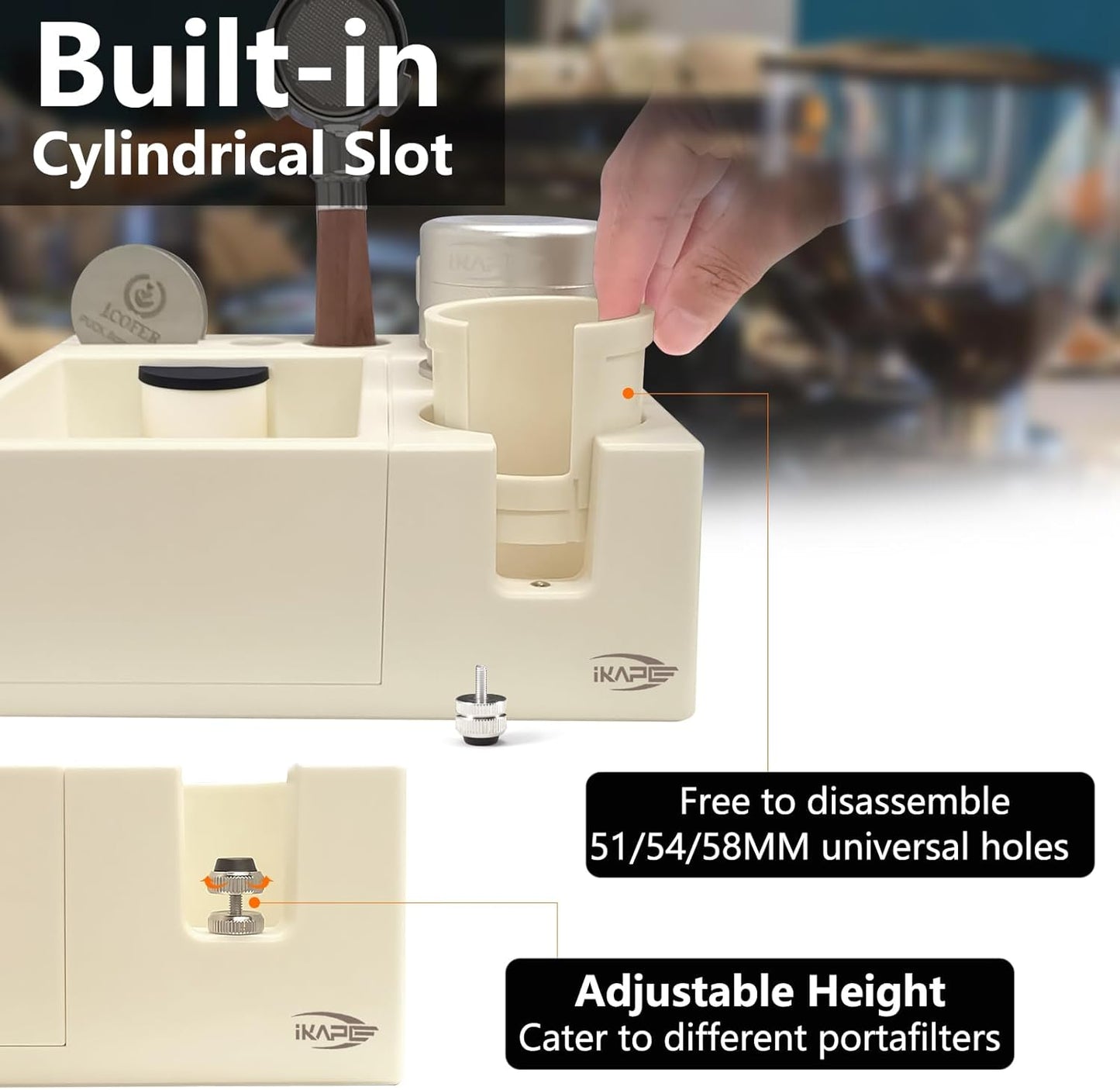 IKAPE Espresso Knock Box, Espresso Coffee Organizer Box Fit for Storage 51, 54, 58MM Espresso Tamper, Distributor, Portafilter & Puck Screen Accessories, Plastic Station Base(White)