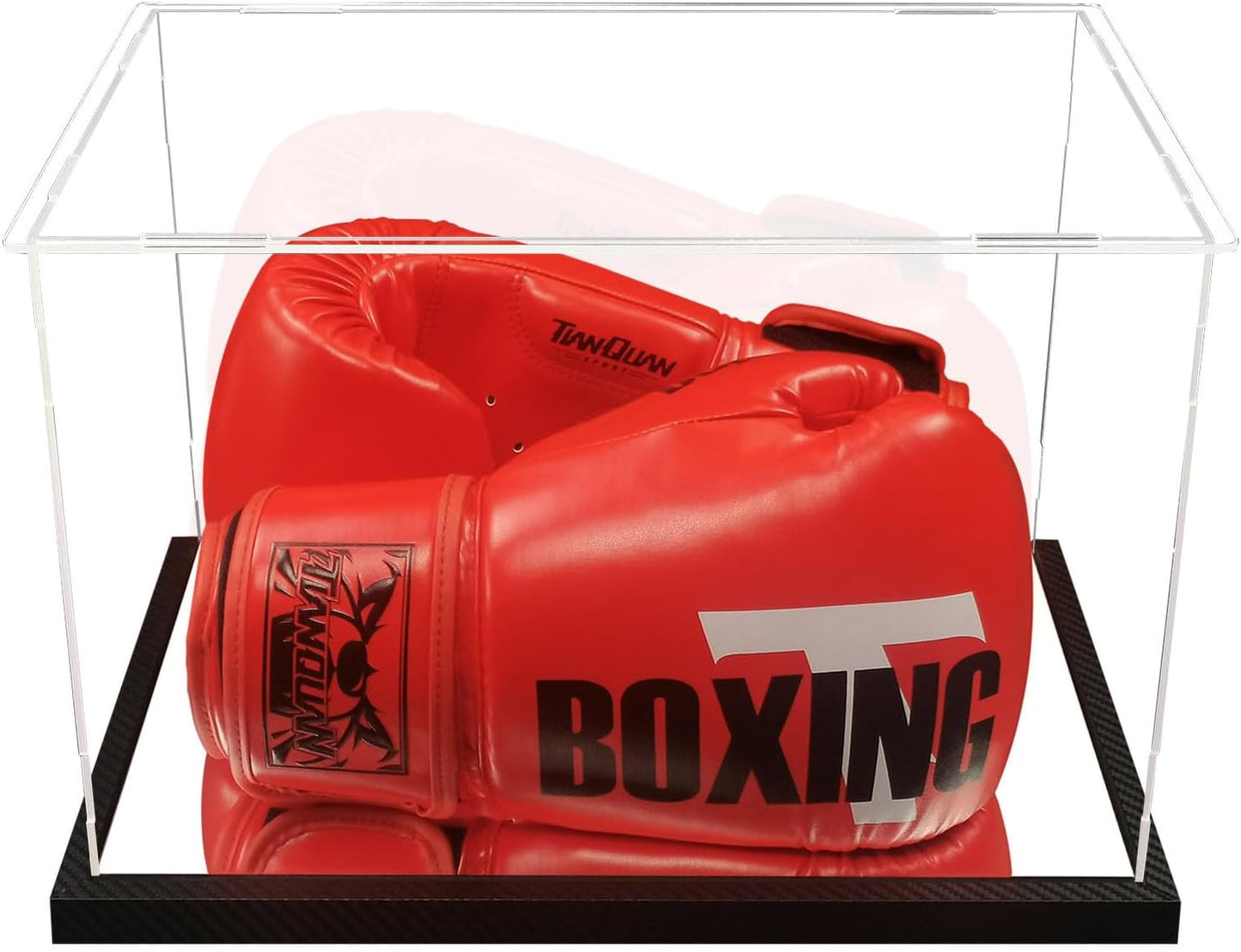 Clear Boxing Glove Display Case Acrylic Display case for Full Size Boxing Glove Boxing Glove Storage Box Dustproof UV Protection Cabinet with Carbon Fiber Skin Base and Removable Mirror Base