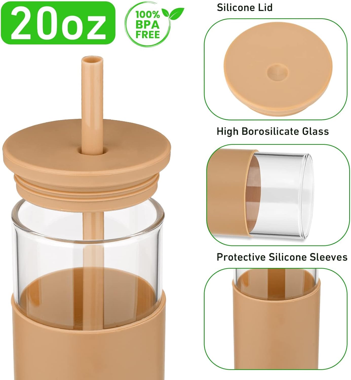 Tronco 20 oz Glass Tumbler With Lids and Straws, Reusable Smoothie Cups With Silicone Lid, Iced Coffee Cup With Silicone Protective Sleeve, Dishwasher Safe- BPA Free（White 1 Count）