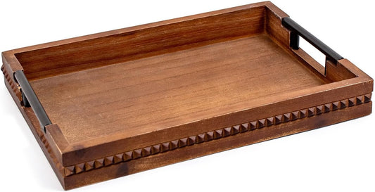 Rustic Wood Serving Tray with Handle Brown Rectangular Decorative Trays Farmhouse Charcuterie Boards Platter for Food, Fruit, and Coffee Great for Bed, Living, Coffee Table, Kitchen and Party