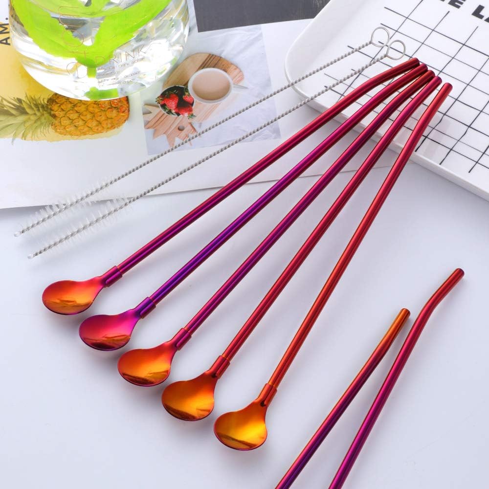 Straw Spoon, 8PCS 8.5inch Orange Red 18/8(304) Stainless Steel Metal Straws Reusable + 2 Brushes