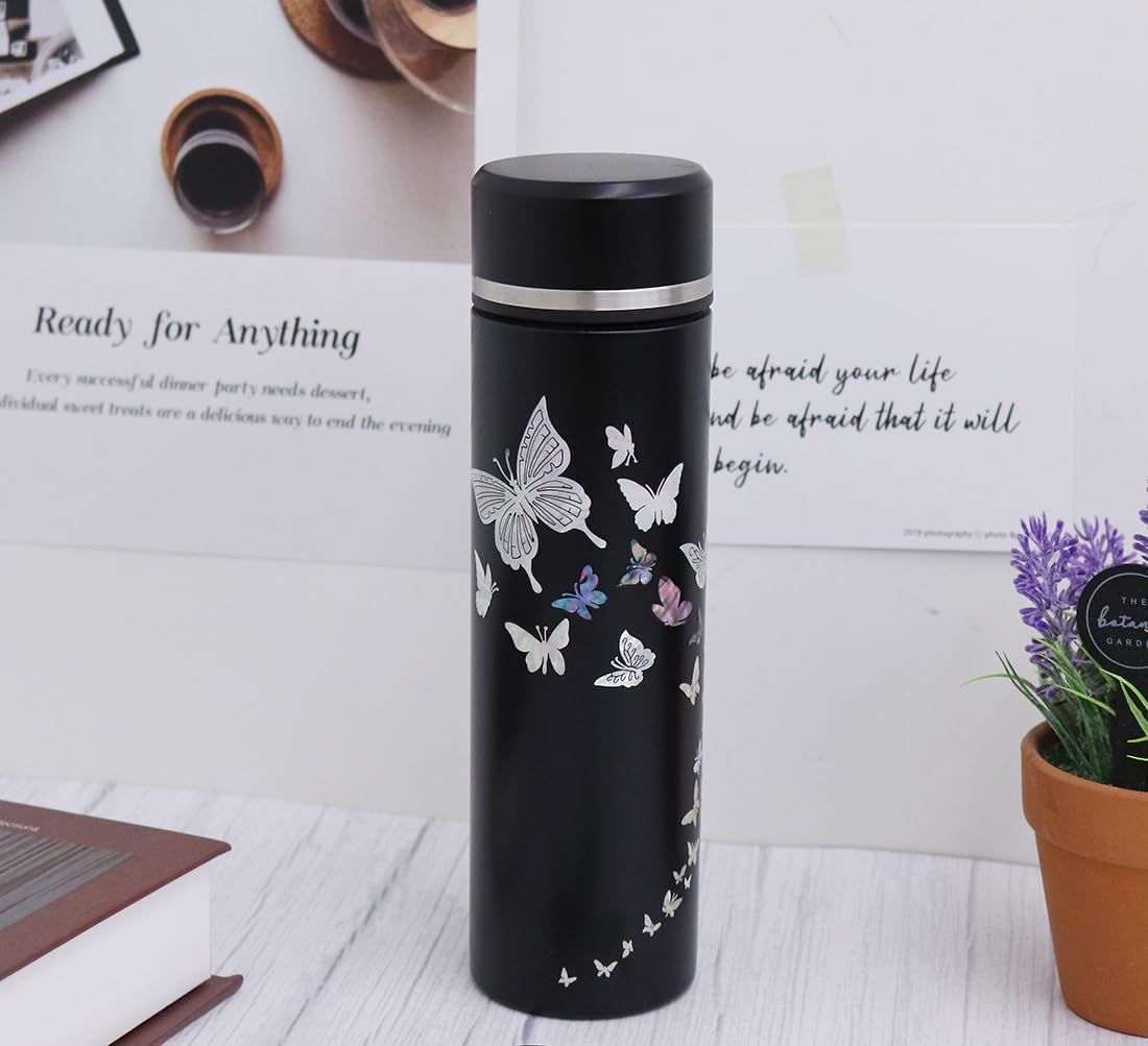 Mother of Pearl Design Stainless Steel Water Bottle with Tea Infuser Strainer 17 oz Leakproof Screw Cap Wide Mouth Double Wall Vacuum Insulated Travel Sport Water Flask Thermo Mug (Butterfly Black)