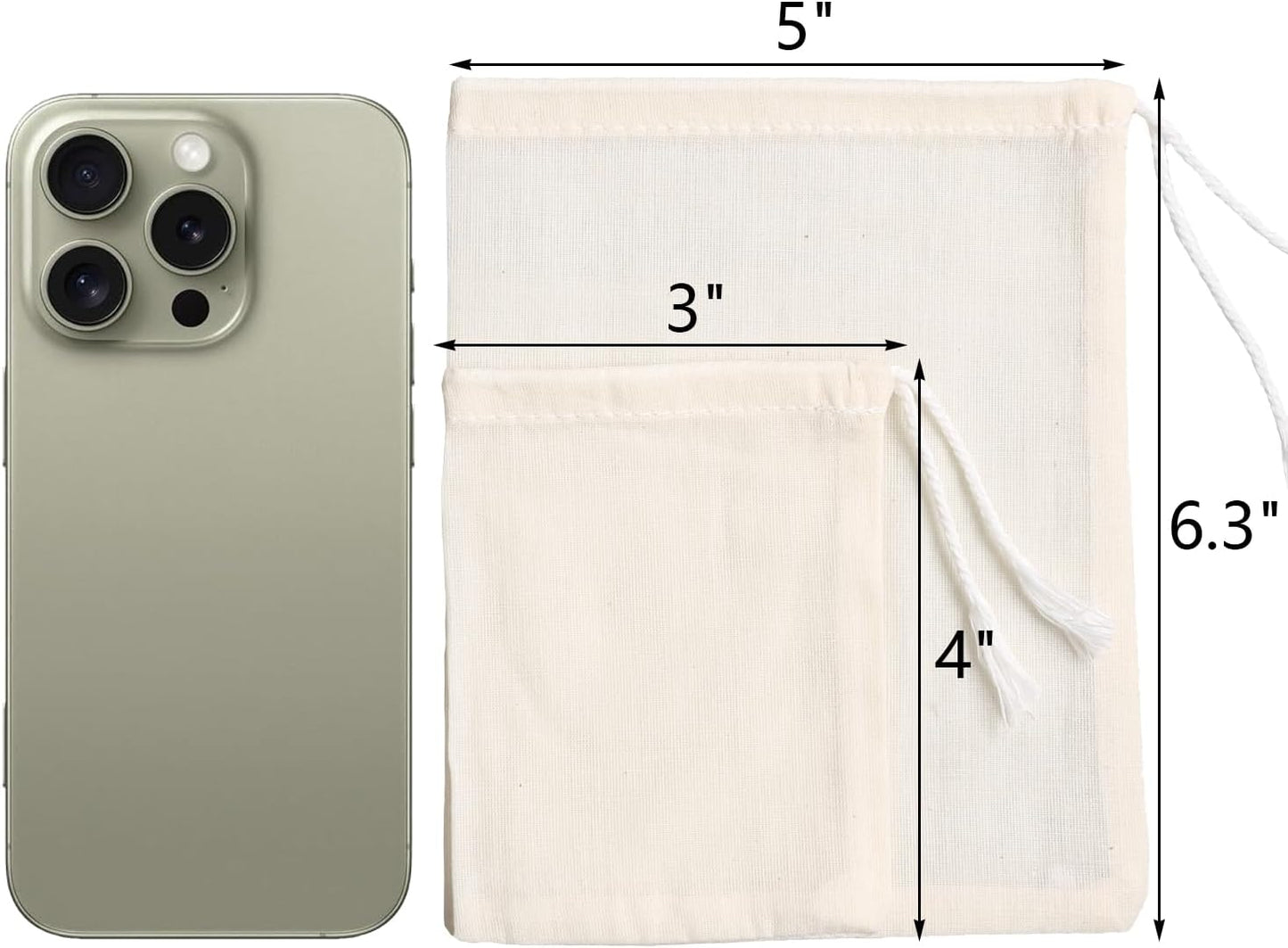 Eketirry Spice Bags, 20pcs Reusable Empty Tea Bags, Muslin Strainer Bags, Soup Bags for Cooking, Natural Cotton Fine Mesh Cheesecloth Bags for Cold Brew Coffee(3 x4" &5x6.3")