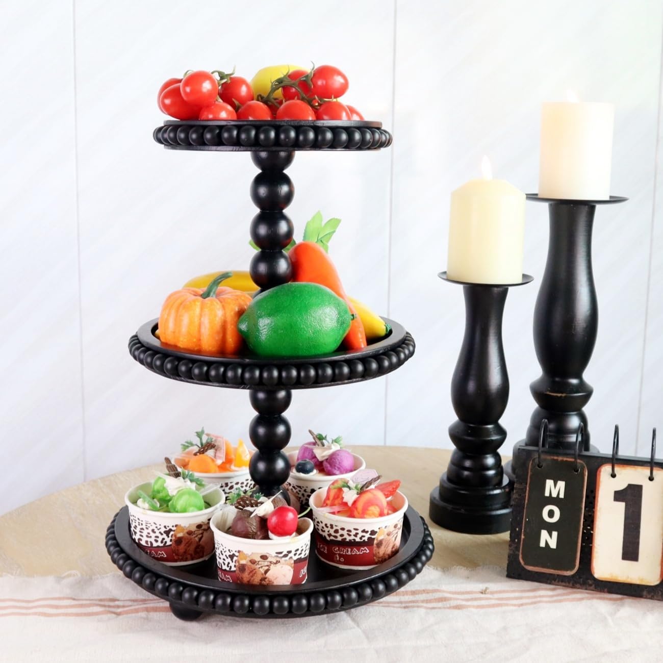 3 Tier Serving Tray， Wood Cupcake Stand，3 Tier Cupcake Stand，Tiered Tray Stand，Wooden Tiered Tray Stand，Suitable for Weddings/Birthdays/Dinners，（Black）.