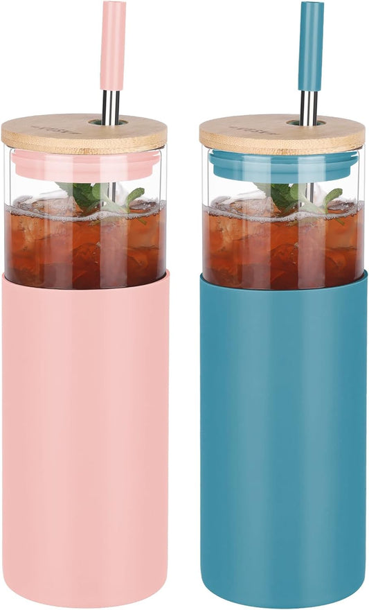2Pack Glass Tumbler w/Lid &Straw - 24oz Reusable Glass Mug/Bamboo Lid & Stainless Steel Straw -BPA Free, Leak-Proof, Dishwasher Safe for Coffee, Smoothies, Hot Beverage, Travel, Office, Home Use