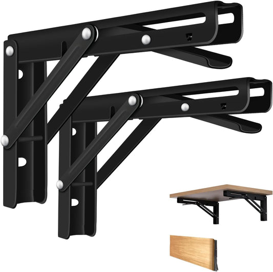 10 Inch Folding Shelf Brackets, 2 Pack Collapsible Heavy Duty Shelf Brackets for Fold Down Desk, Black