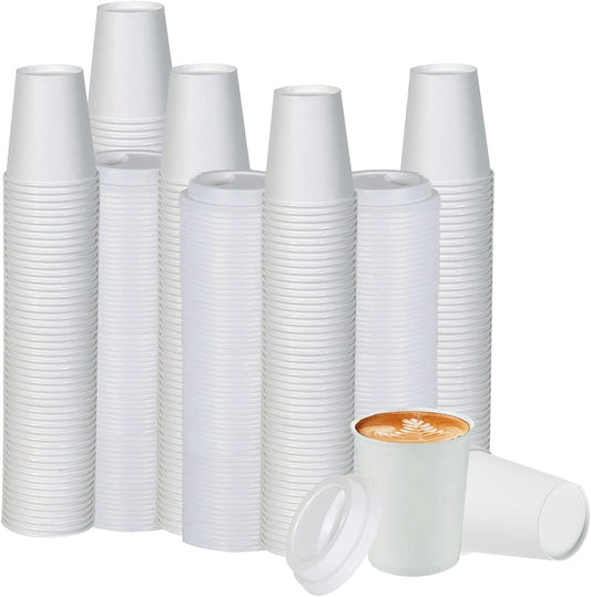 Smygoods White Disposable Paper Coffee Cups with Lids (8 OZ, 100 Count) For Hot Beverages, Tea, Espresso, Cocoa - To Go Drink Containers, Café & Office