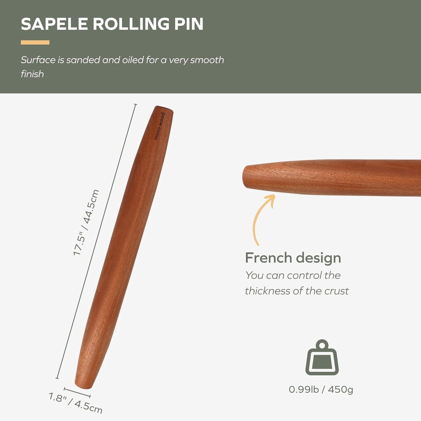 Muso Wood Sapele Wooden French Rolling Pin for Baking, Tapered Roller for Fondant, Pie Crust, Cookie, Pastry (French 17.5inch)