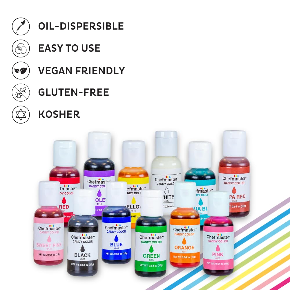 Chefmaster 12 Bottle Set of Candy Colors, True-Tone Shades, Oil-Based, Professional-Grade Dye, Chocolate, Strawberries, Cake Pops, Decorating, Easy-to-Use, Manufactured in the USA, 0.64 oz Each
