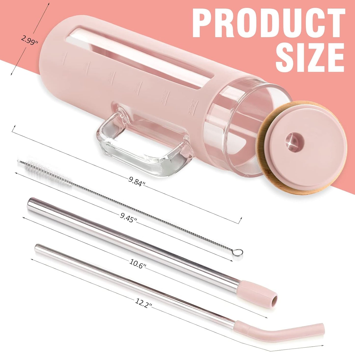 Kodrine Glass Tumbler with Lid and Straw, 24 oz, Iced Coffee Cup Boba Smoothie Cup, Home Office Tumblers, Pink