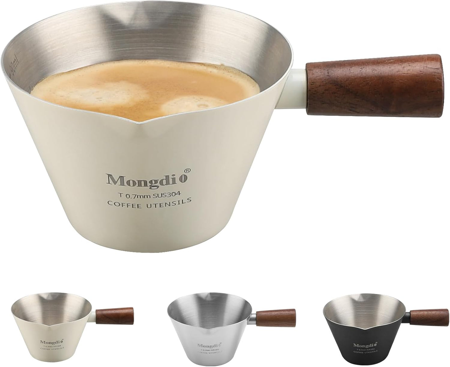 Mongdio Espresso Measuring Cup, Stainless Steel Espresso Shot Cups with Wooden Handle and Double Spouts, 3.4OZ/100ML, White