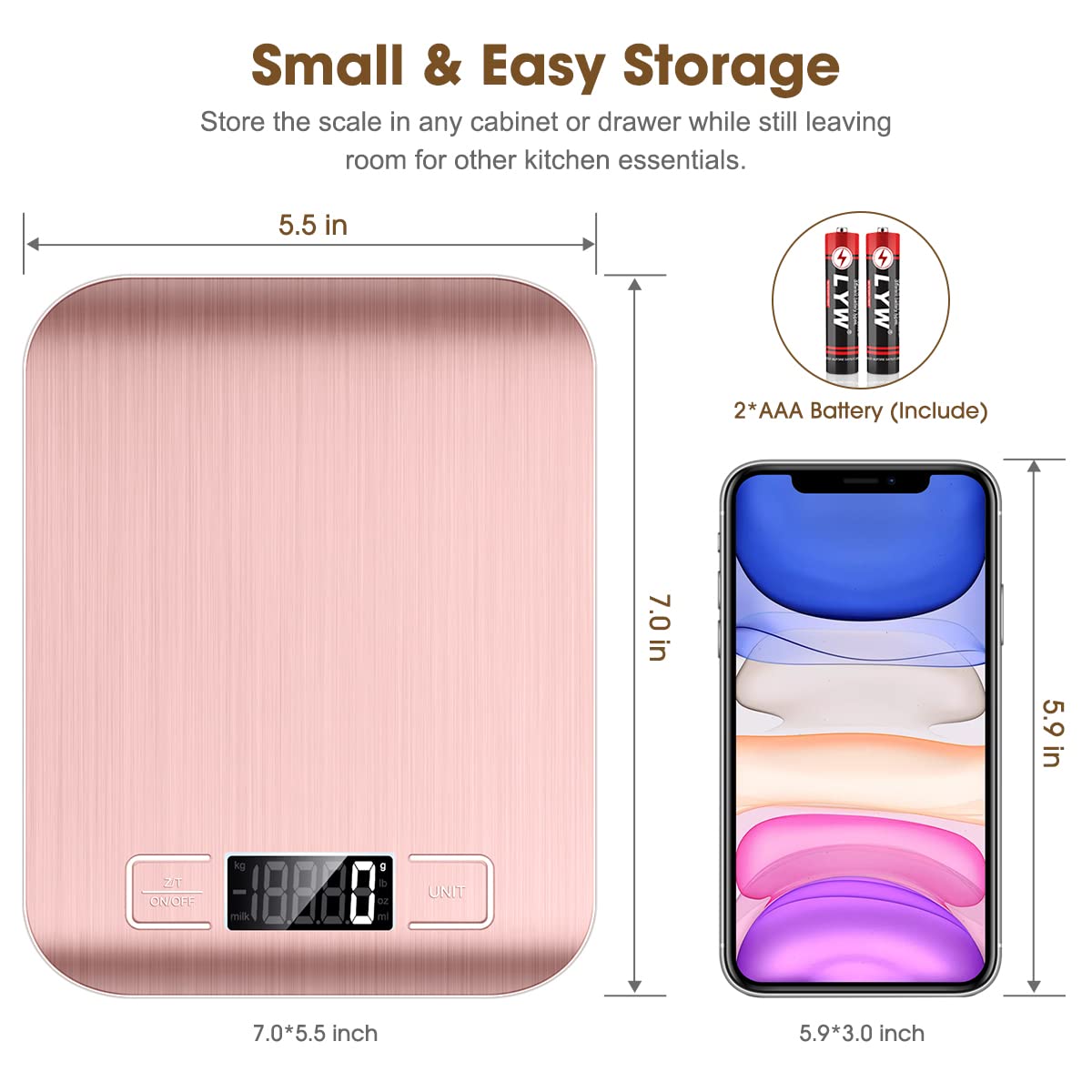 Mik-Nana Food Scale Pink, 10kg/22lb Digital Kitchen Scale Weight Grams and Oz for Baking and Cooking, 1g/0.1oz Precise Graduation, Easy Clean Stainless Steel