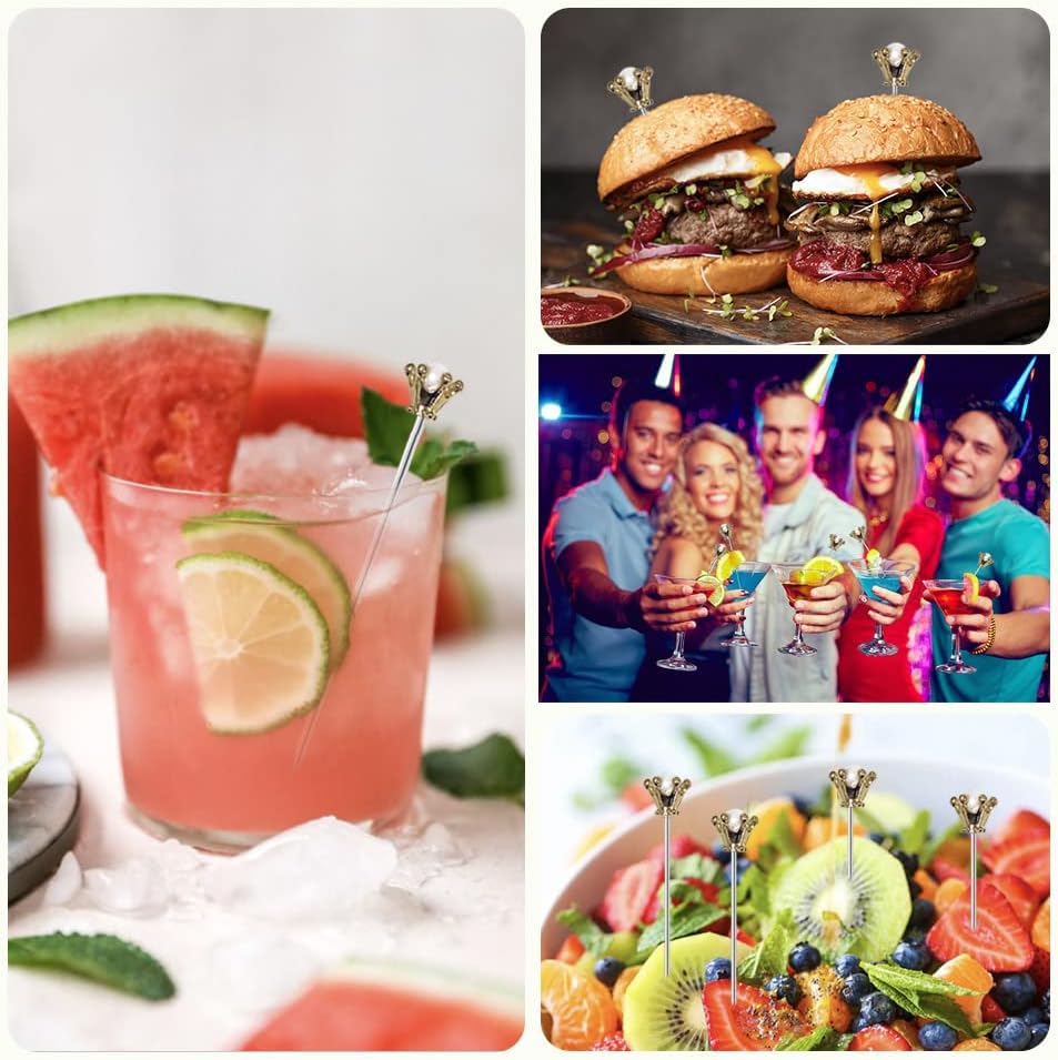 Stainless Steel Cocktail Picks Crown,Metal Martini Sticks,Fruits Toothpicks,Reusable Garnish Skewer Drinks Sandwiches Appetizers Olives Fruits Barbecue Snacks of 8 Pieces (Glod)