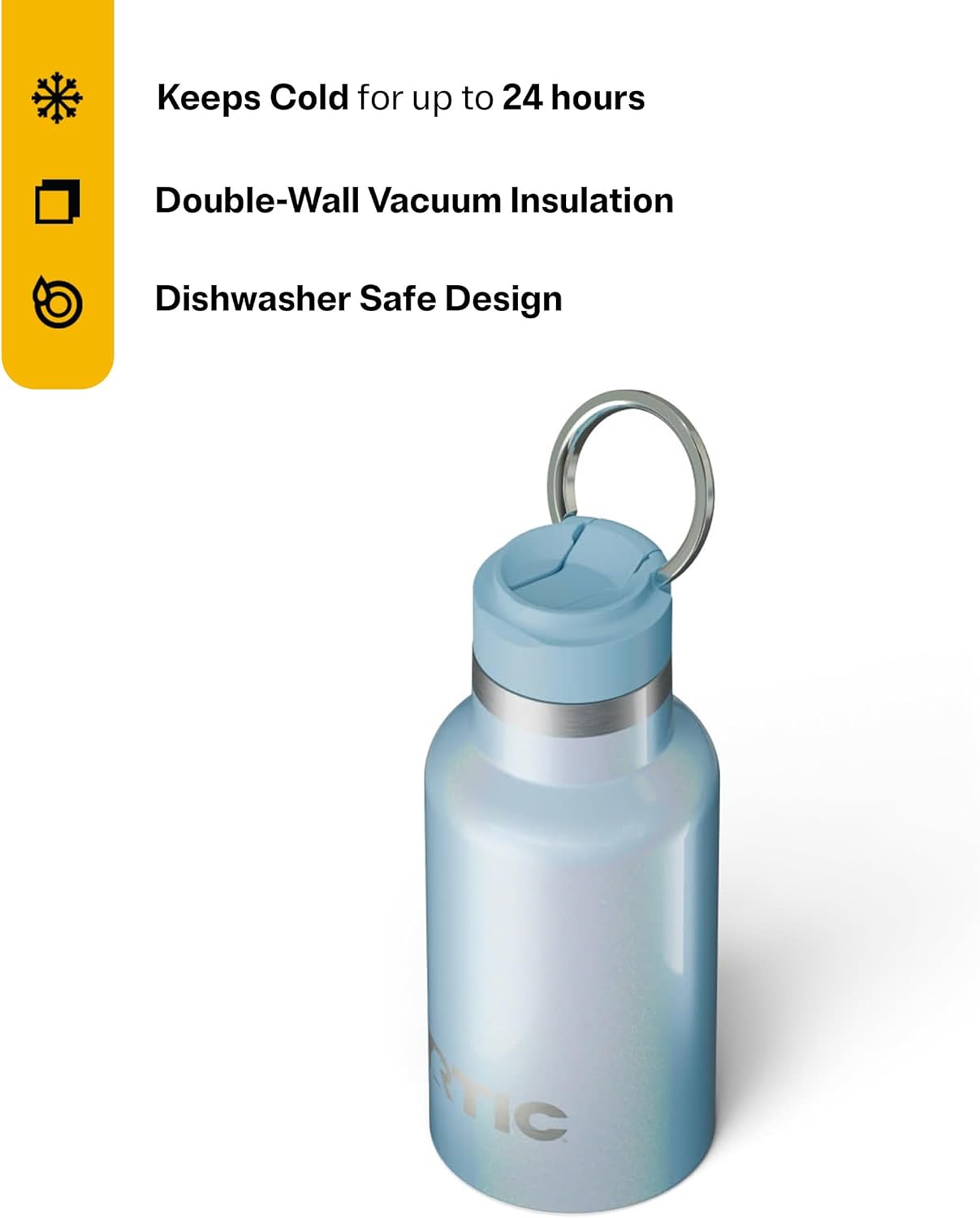 RTIC Little Journey Bottle with Straw, Insulated, Stainless Steel, Metal, Double Wall Vacuum-Insulation, Ceramic-Lined, Leak-Proof Lid, BPA-Free Water Flask for Sports, Travel, RTIC Ice Glitter