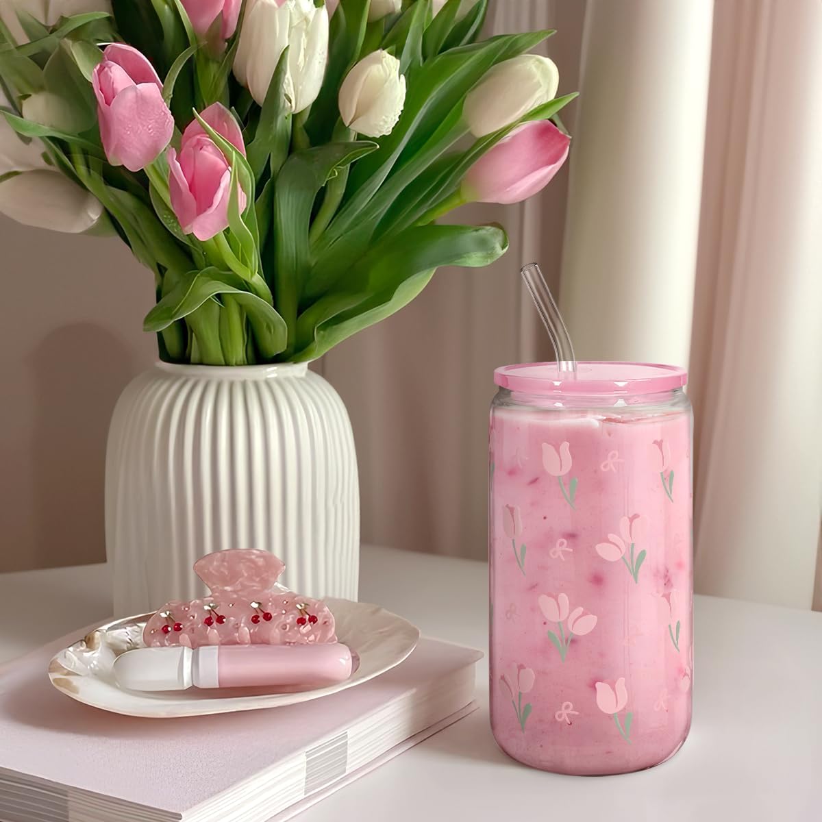 SANDJEST Floral Glass Can, Tulip Iced Coffee Aesthetic Cup, Gift for Christmas Birthday, Gifts for Women Girls, 16oz